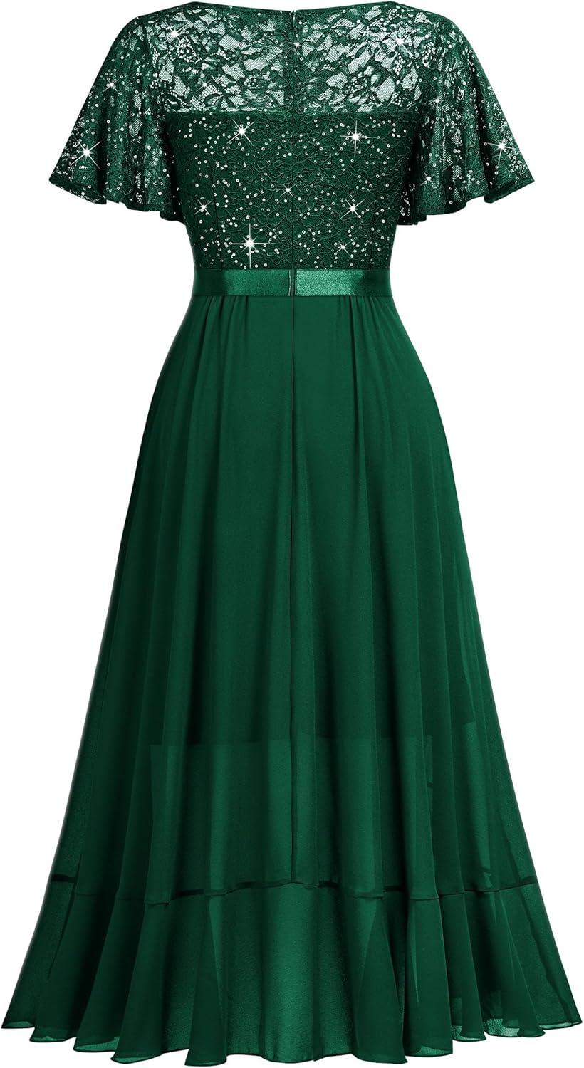 Miusol Women's Classy V-Neck Butterfly Sleeve Sequined Floral Lace Ruffle Split Bridesmaid Party Dress - Image 5