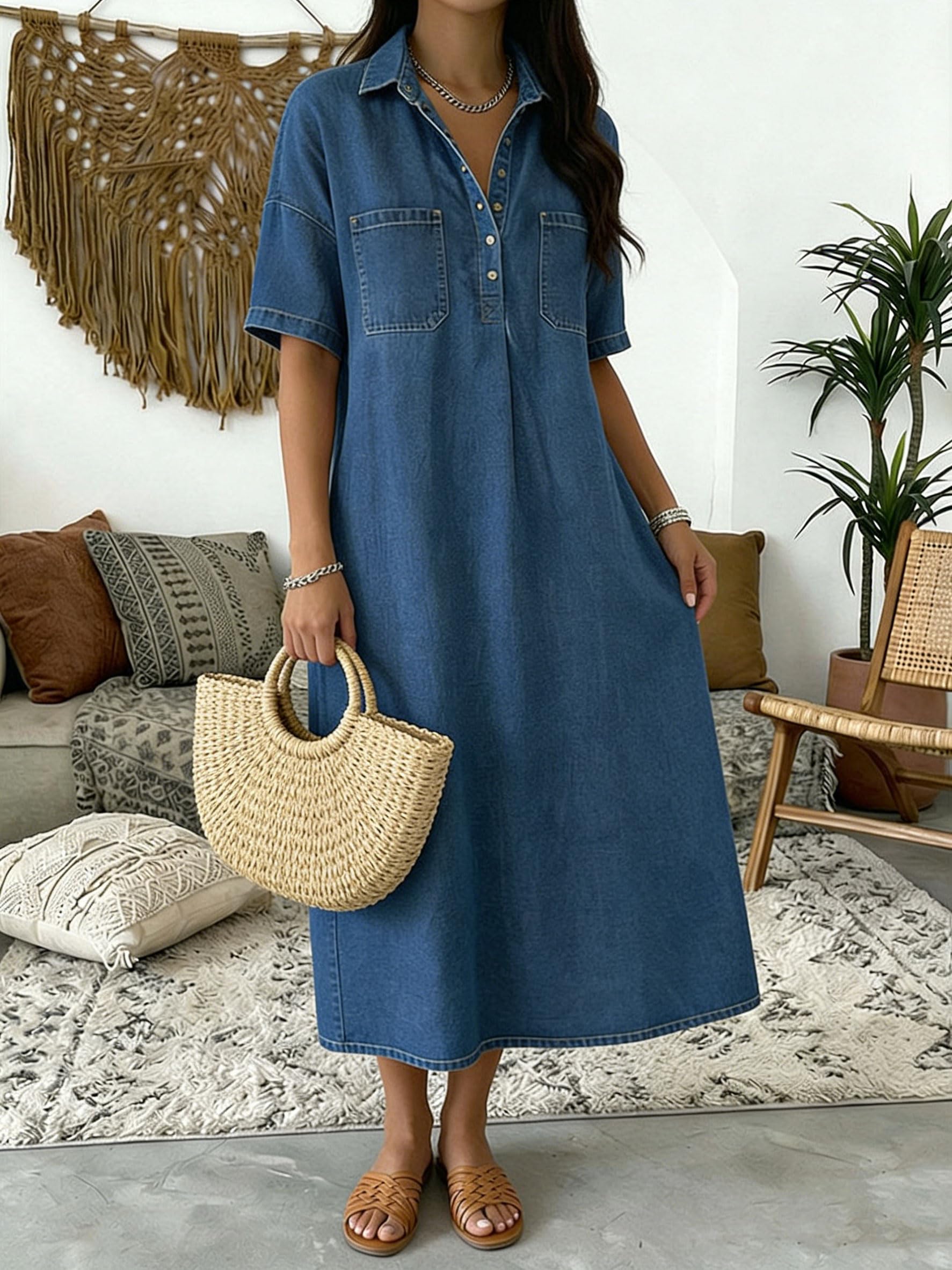 Vestido Vaquero Holgado de Verano para Mujer con Cuello en V y Botones; Vestido Vaquero Casual Holgado con Pliegues y Manga Corta