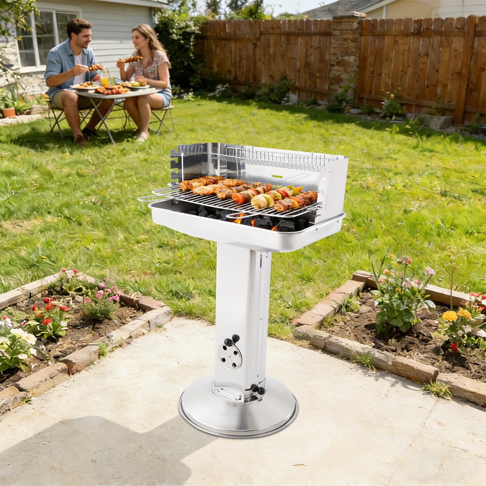 Grill na węgiel drzewny, grill kolumnowy ze stali nierdzewnej z rusztem do grillowania, 3/5-stopniowa regulacja wysokości i kosz do przechowywania, na kemping, do ogrodu, na balkon (48 x 48 cm