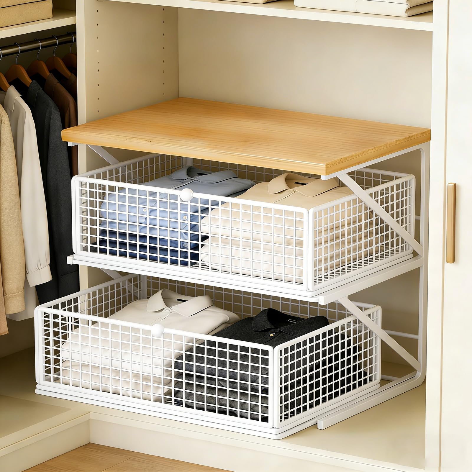 Metall Küchenorganizer Arbeitsplatte, Ausziehbare Schubladen, Multifunktionaler Tisch-Aufbewahrungsregal für Snacks, Teebeutel, Kaffeemaschine, Platzsparender Organizer (Weiß+Naturholzfarbe)