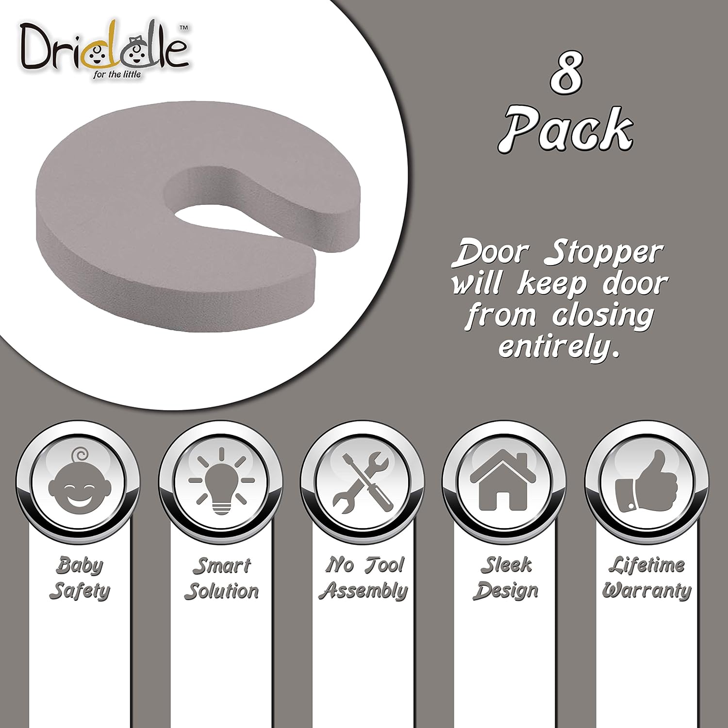 Grey Door Stopper Finger Pinch Guards - 8 Pack - 3 Colors Available - Prevent Baby/Toddler Injuries with A Child Proof Door Stopper - Extra Soft Foam - Large Universal Sleek Design - Driddle