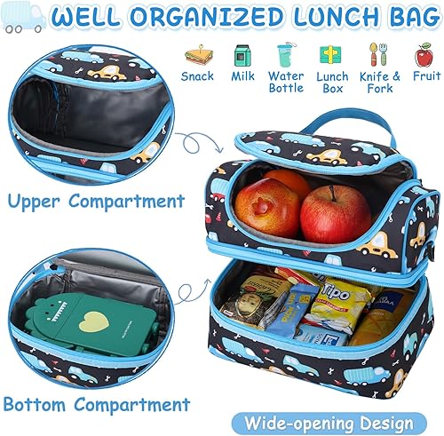 Vista 2 de Kasqo Bolsa de almuerzo para niños, 6.5L aislada reutilizable de dos pisos compartimentos bolsa enfriadora para niños, escuela, picnic, viajes