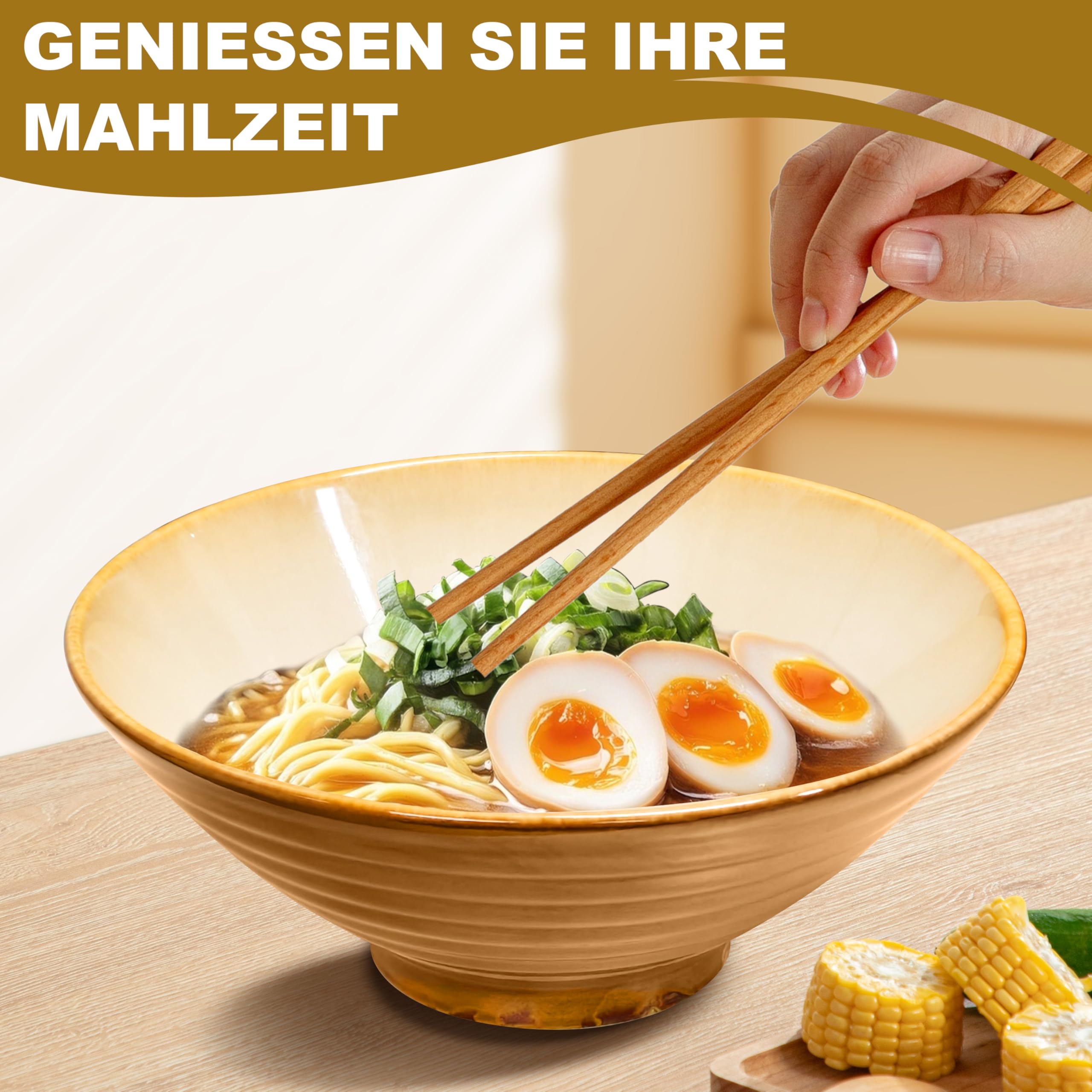 9.4 Zoll 4 Set Keramik Ramen Schüssel(16 Teilig) - Japanisches Porzellan Spülmaschinenfest Geschirr mit Gabel Essstäbchen Löffel für Nudeln Suppen Getreide Salate Mann Frau Geschenke für neuen Häusern