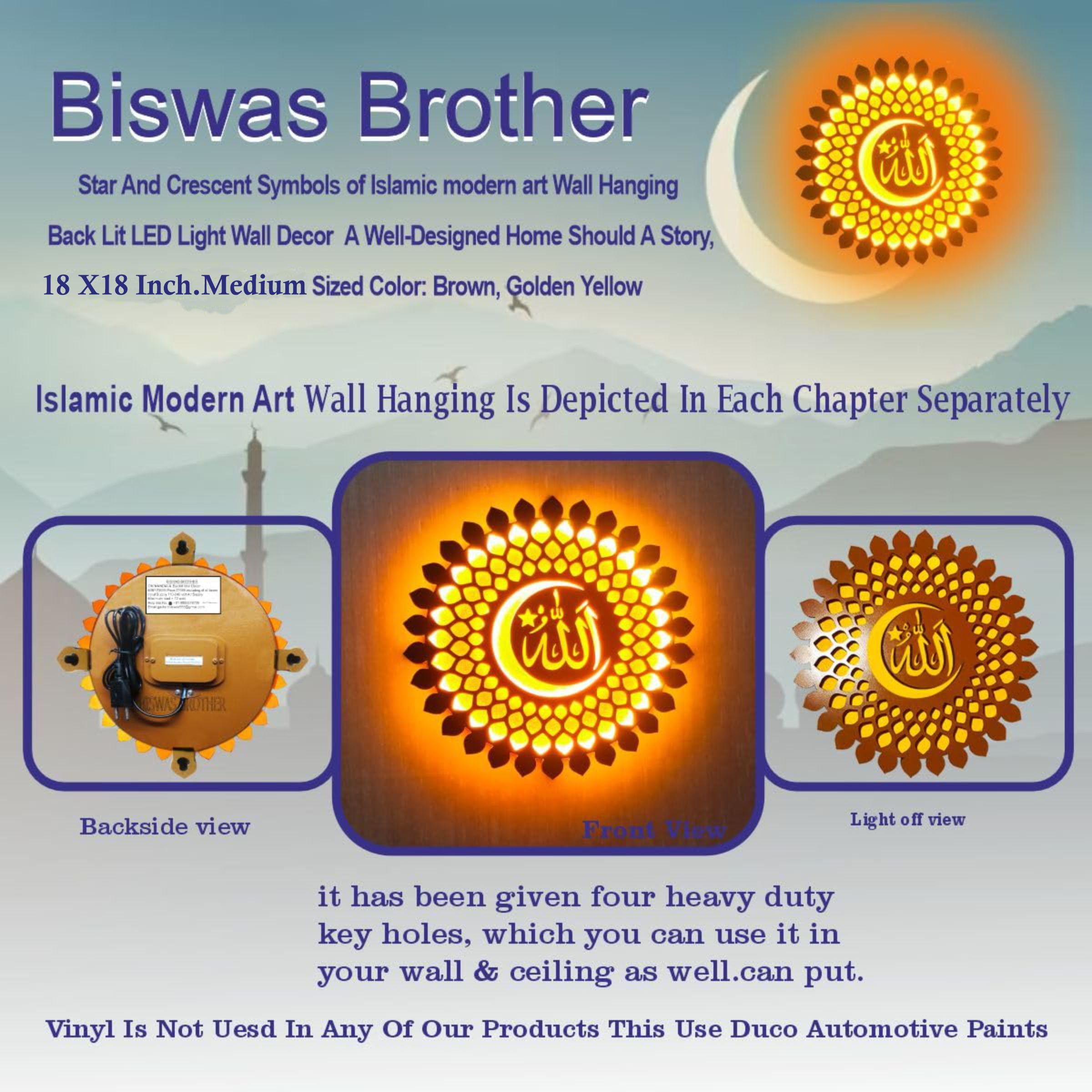 Biswas Brother Wall Hanging Light Star And Crescent Symbols of Islamic Calligraphy Wall Hanging Back LED Wall Decor A well-designed Home :18X18 INCH Medium Size Color: Brown & Golden Yellow 1