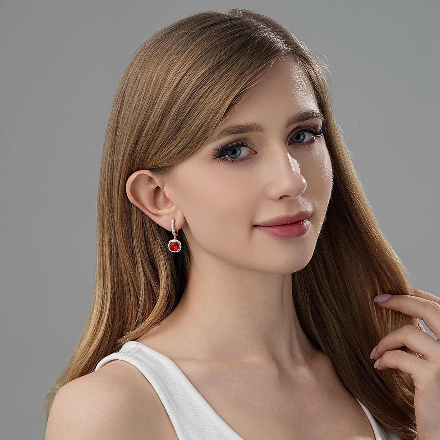 EVEVIC Austrian Crystal Leverback Square Cushion Halo Dangle Huggie Earrings for Women 14K Gold Plated Hypoallergenic Jewelry Gift - Image 5