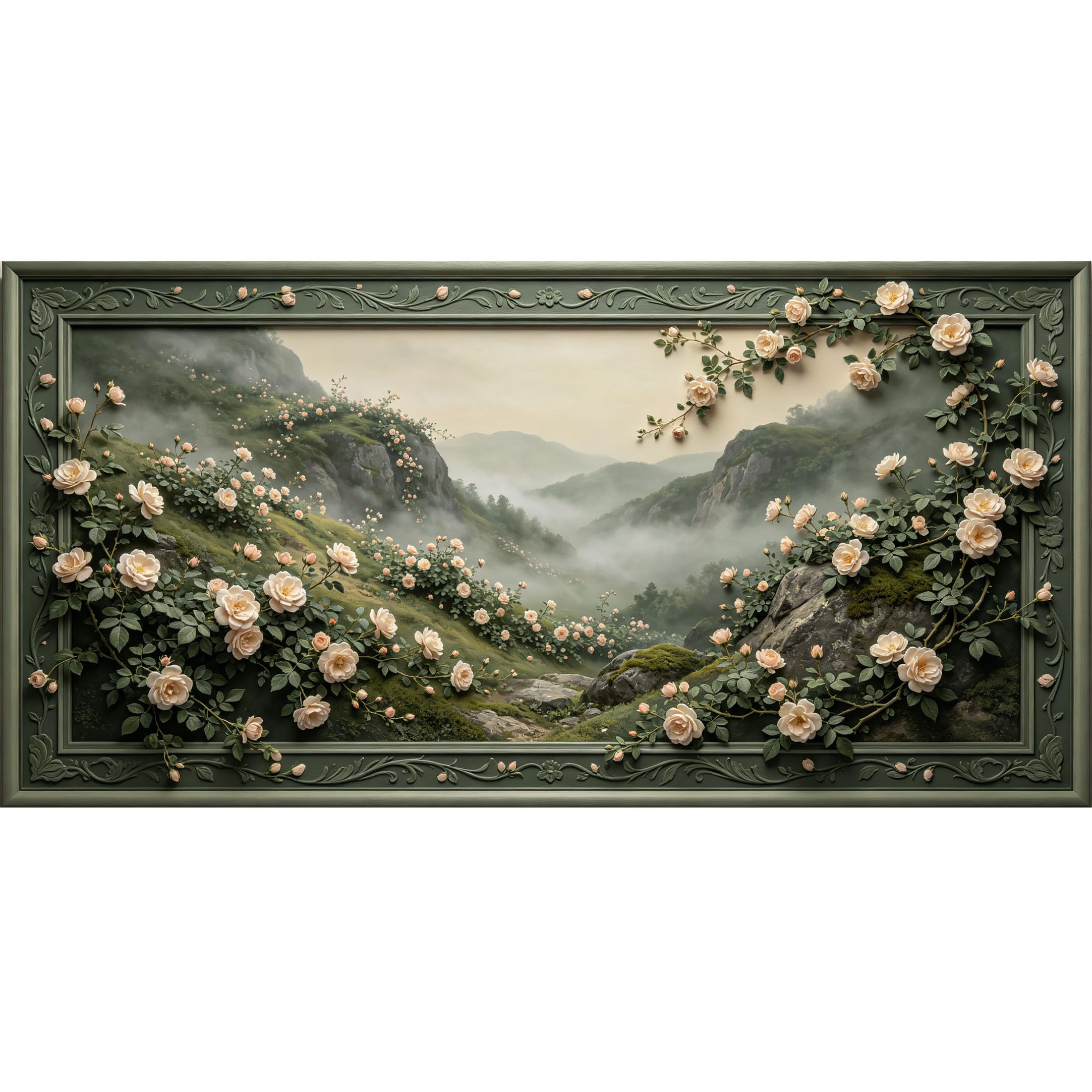Agglomerix 3D Framed Wall Art Rose Flower Landscape Botanical Mountain Mist Relief Texture Large Size SelfAdhesive Removable Wall Decor Prints Artwork for Living Room Bedroom Office