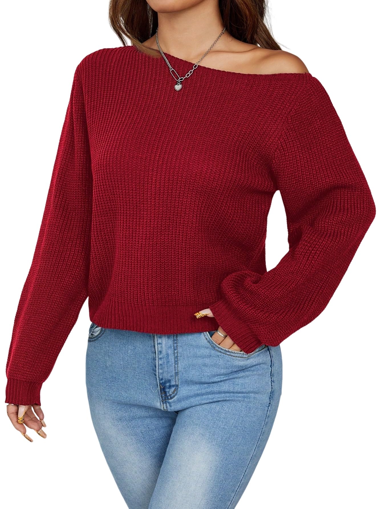 Women Sweater 2025 Trendy Pullover Slanted Shoulder Ribbed Womens Sweater Long Sleeve Tops Off The Shoulder Sweater