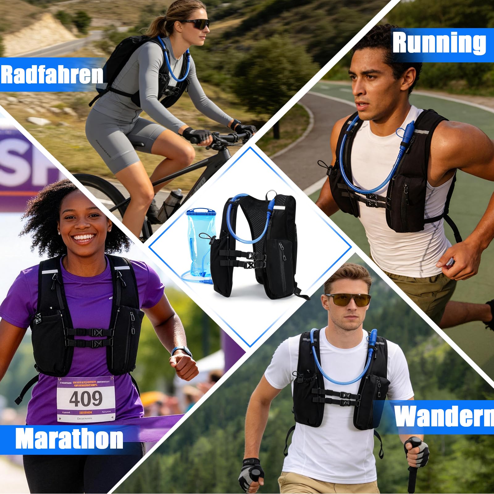 Laufweste für Damen und Herren, Trinkweste Laufen mit Trinkblase 2 L & Handytasche, Verstellbarer Brustgurt, mit reflektierenden Streifen für Trailrunning wandern Marathon Laufen joggen, Schwarz