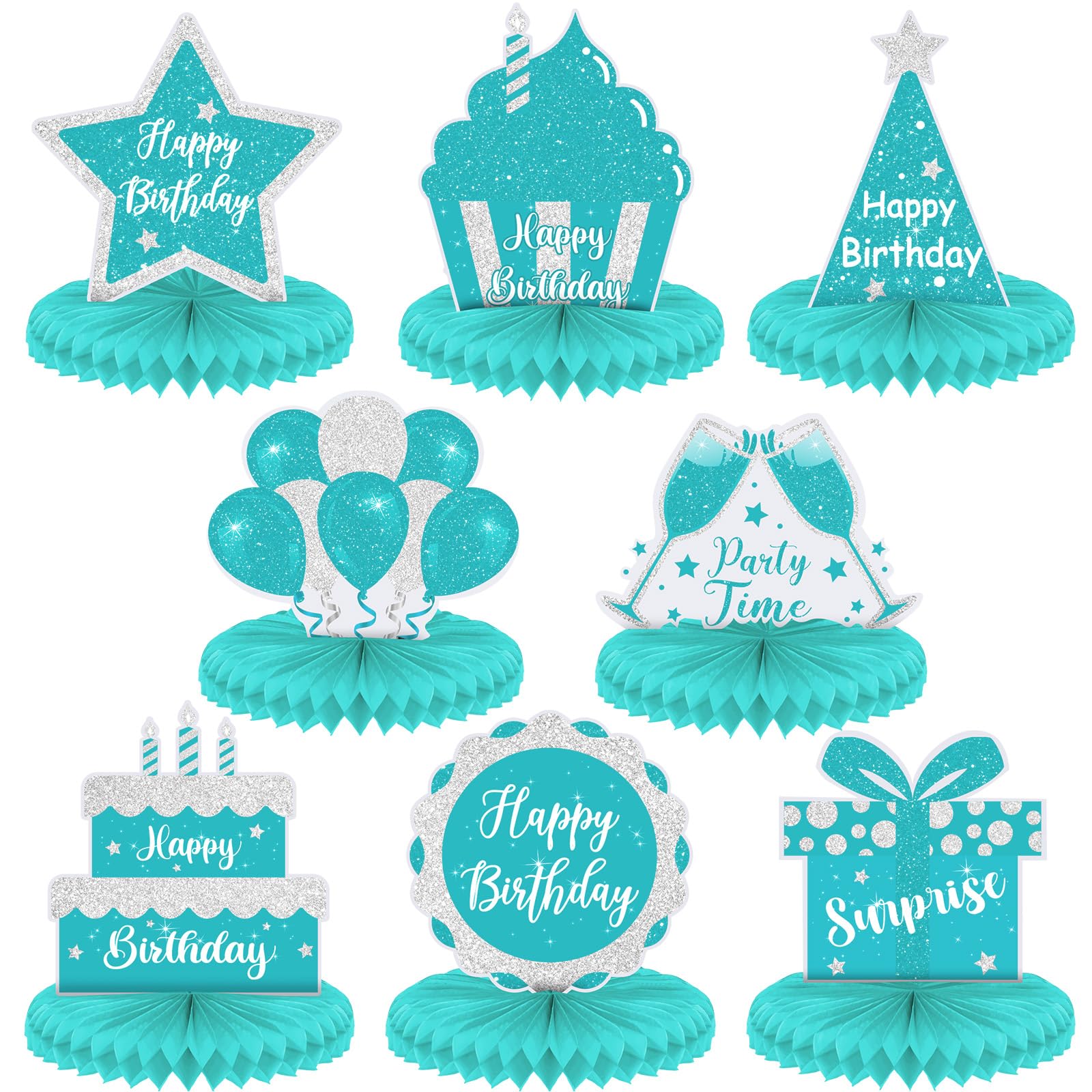 Yexiya 8 Pcs Teal and Silver Birthday Centerpiece Table Decoration