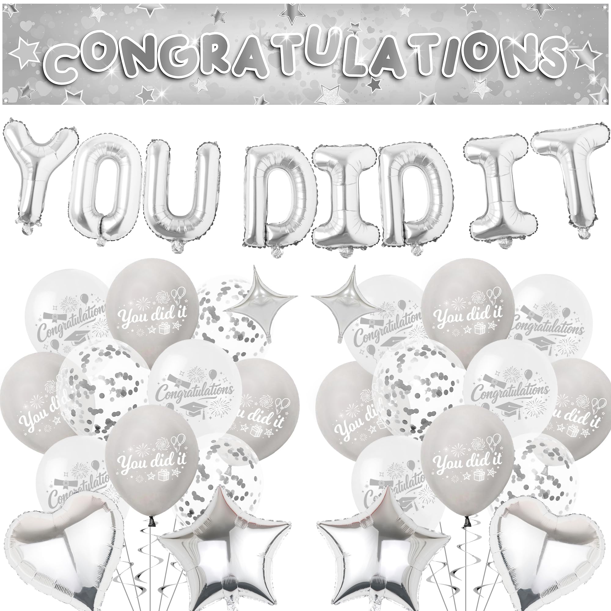 Congratulations Banner Graduation Party Decorations - Silver You Did It Balloons Well Done Decoration, Star Heart Foil and Latex Balloon for Retirement and Achievement Celebrations