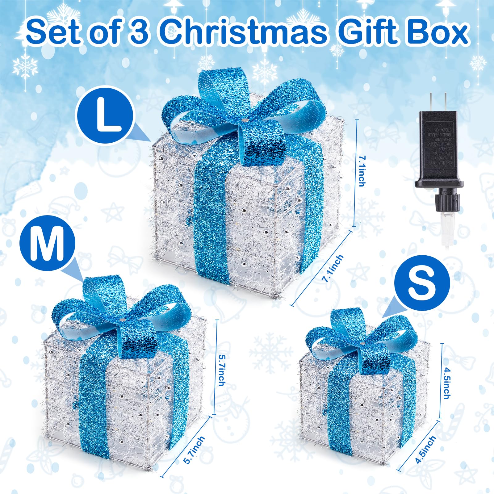 Christmas Decorations, 140 LEDs Set of 3 Lighted Gift Boxes with Silver Tinsel and Bows, Warm White Present Boxes for Indoor Outdoor Holiday Party Yard Bedroom Home Xmas Decor: Blue