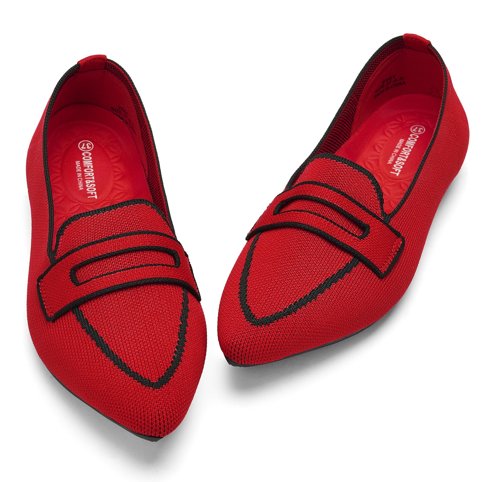 Puxowe Ballerines pour Femmes Slip on Robe en Maille à Bout Pointu Chaussures Plates Escarpins Élégantes et Confortables Ballerines Plates pour Femmes 37.5 EU Red