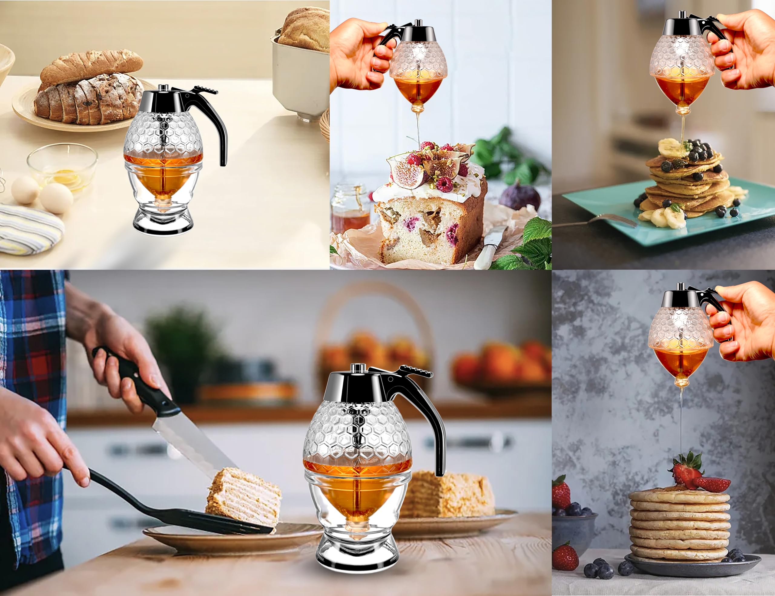 Ahhute Premium Kunststoff Honigspender mit Ständer - Kein Tropfen Design - 8 Oz Honigglas mit Dipper - Perfekt für Ahornsirup - Eleganter Honigtopf