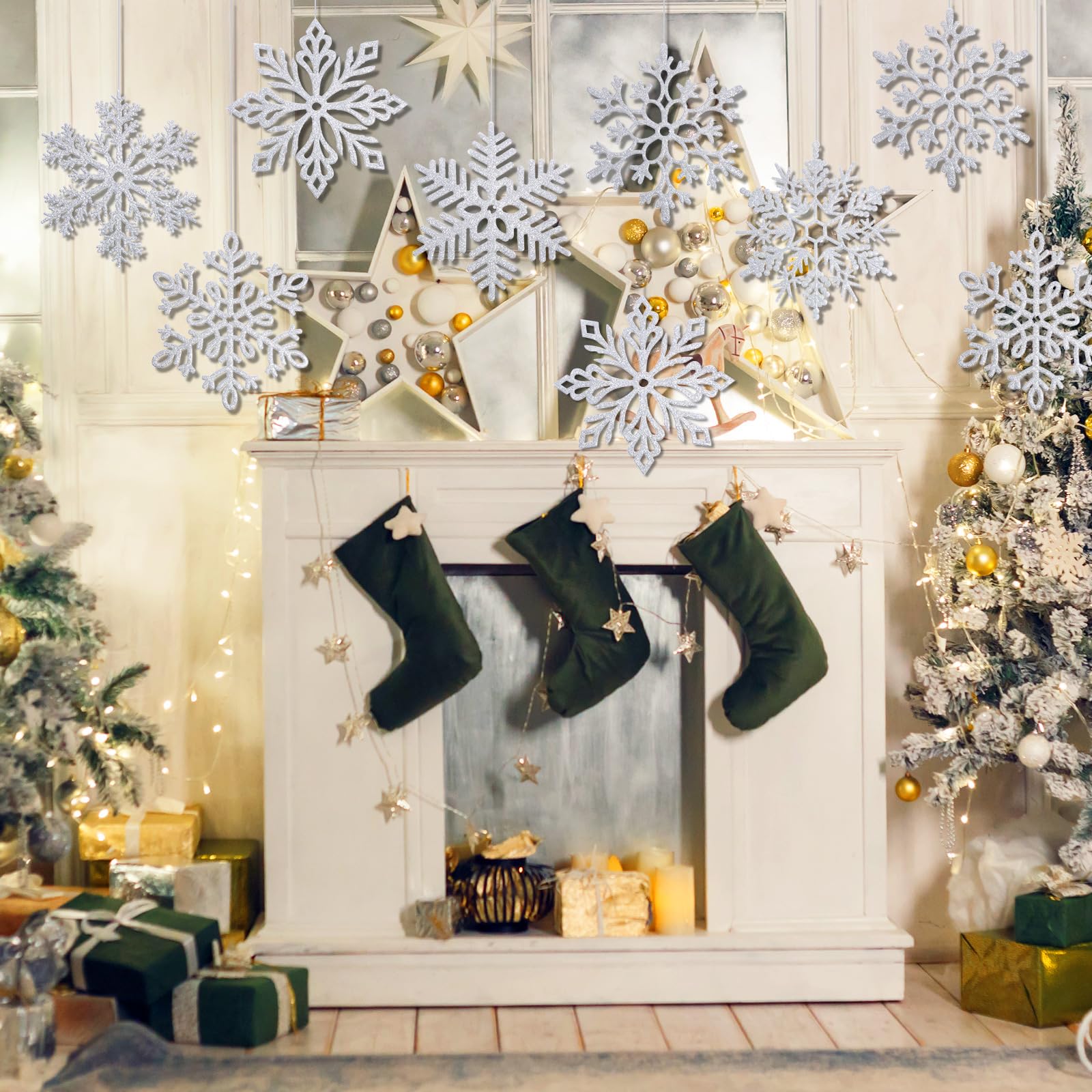 Lot de 24 flocons de neige géants à paillettes en plastique avec fil en nylon de 50 m pour décoration de Noel intérieure et extérieure Argenté 30,5 cm