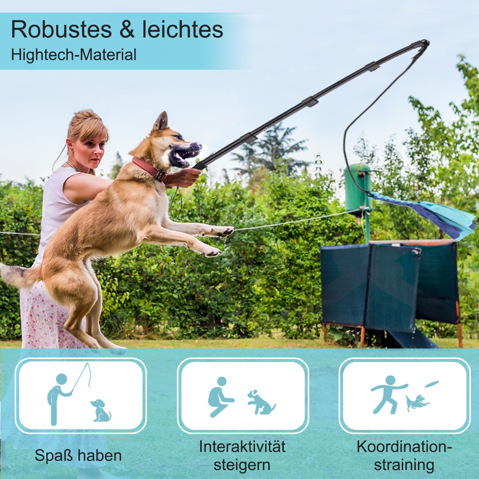 ETACCU Reizangel Hunde Große Hunde, Hundespielzeug Ausziehbar, 150cm Flirt Pole mit Seil Spielzeug, Hundespielzeug Für Kleine & Mittlere & Große