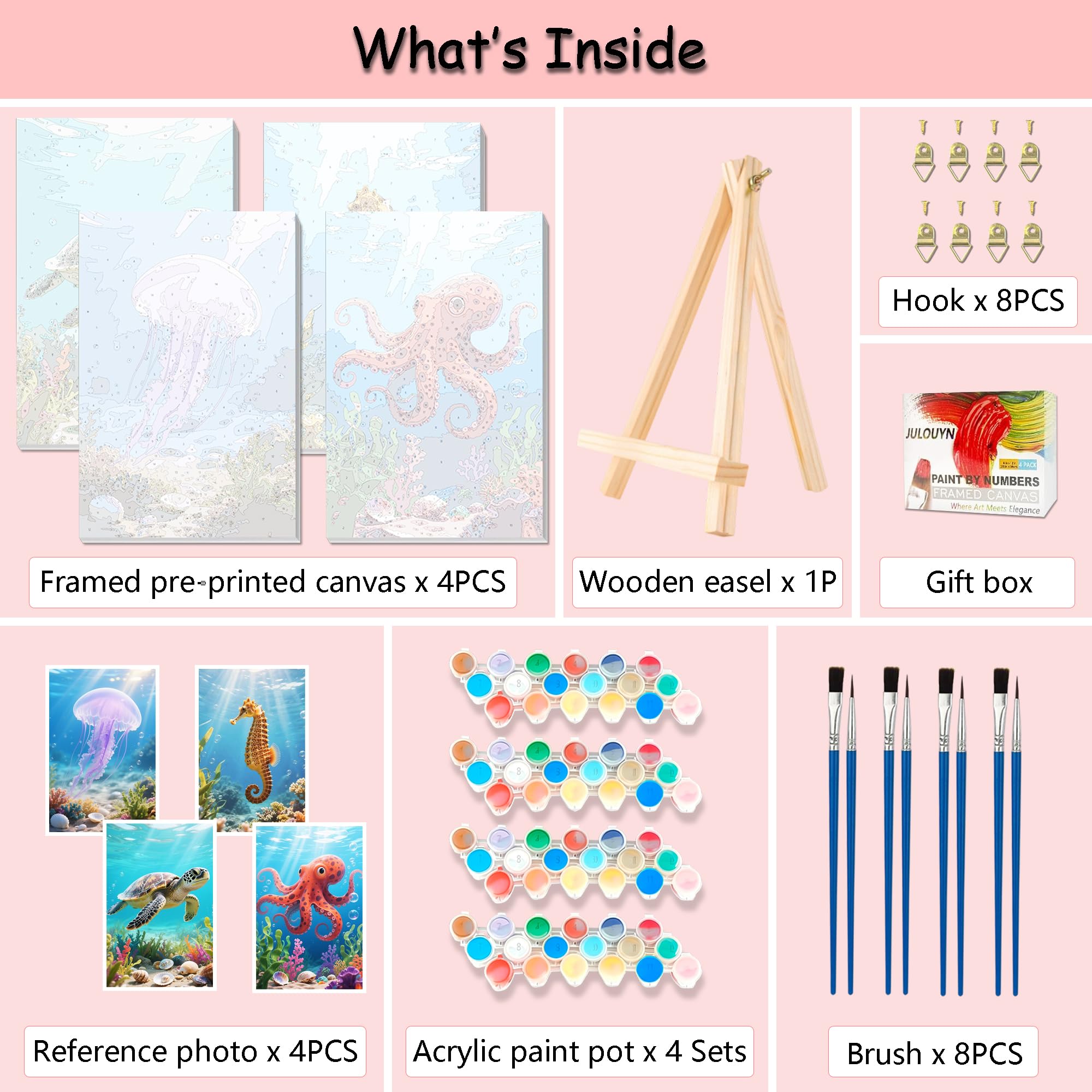 Fokenzary Kit de Pintura por Números para Adultos DIY Tortuga Marina Animal Marino Lienzo Conjunto para Principiantes con Caballete y Pinturas Acrílicas con Marco (20x30cm x 4pcs) — view 6