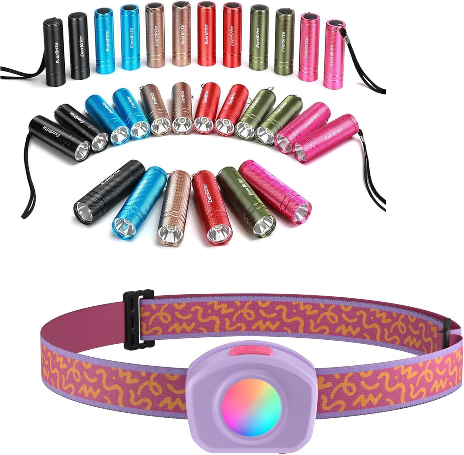 EverBrite 30-Pack Mini Flashlight Set and LED Rechargeable Kids Headlamp