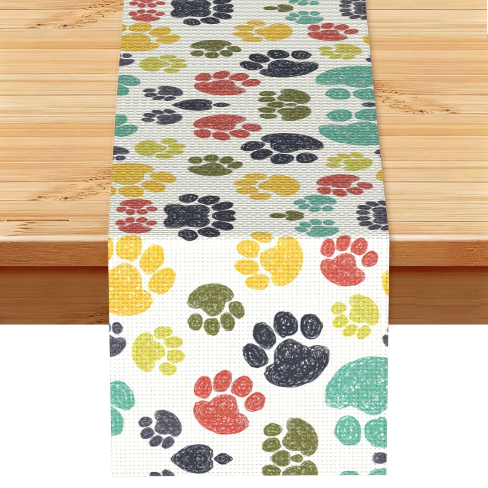 Cute Colorful Dog Paw Printed Dining Table Runner 13x72 Inch, Non-Fading Decor for Kitchen Dresser Fireplace Mantel