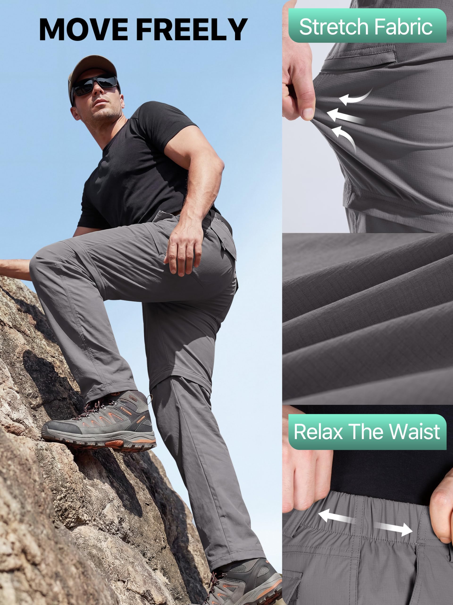 FREE SOLDIER Pantalon de randonnée convertible léger à séchage rapide en nylon et élasthanne pour homme Gris 38 W/32 L