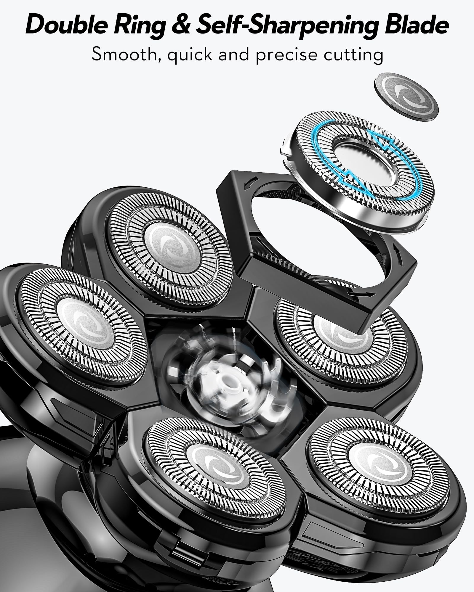 Rasoio testa calva, Kibiy 5 in 1 LED rasoio testa con 6 testine di rasatura rotanti, 100% impermeabile rasoio capelli uomo testa calva, ricaricabile di tipo C, kit per la cura dei peli di barba e naso