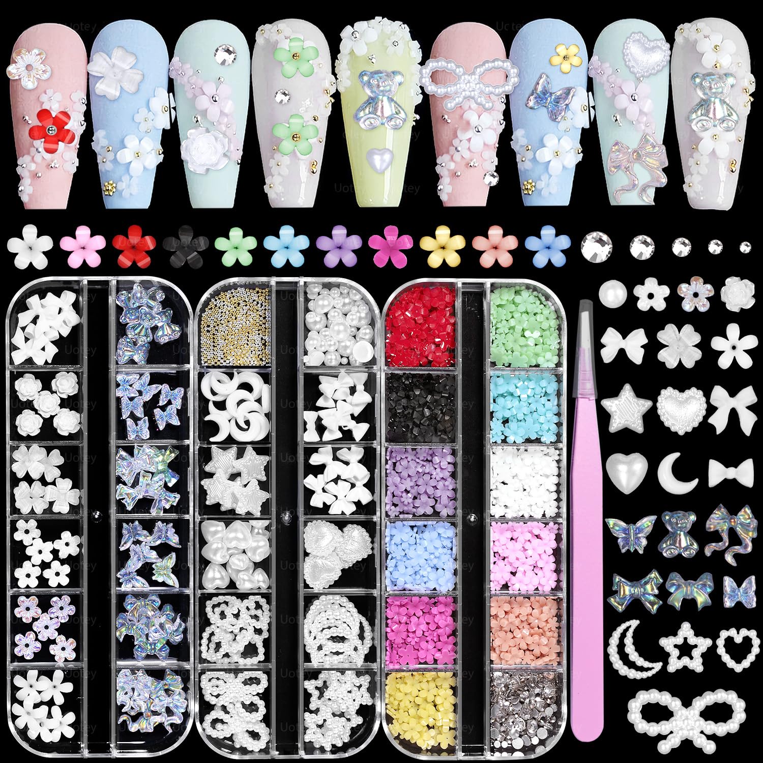 3D Flower Nail Charms and Nail Pearl, Color Flower Charms for Nail Art Mixed Pearl Bows Heart Acrylic Nail Charms, 3 Boxes Color Flowers Nail Charms