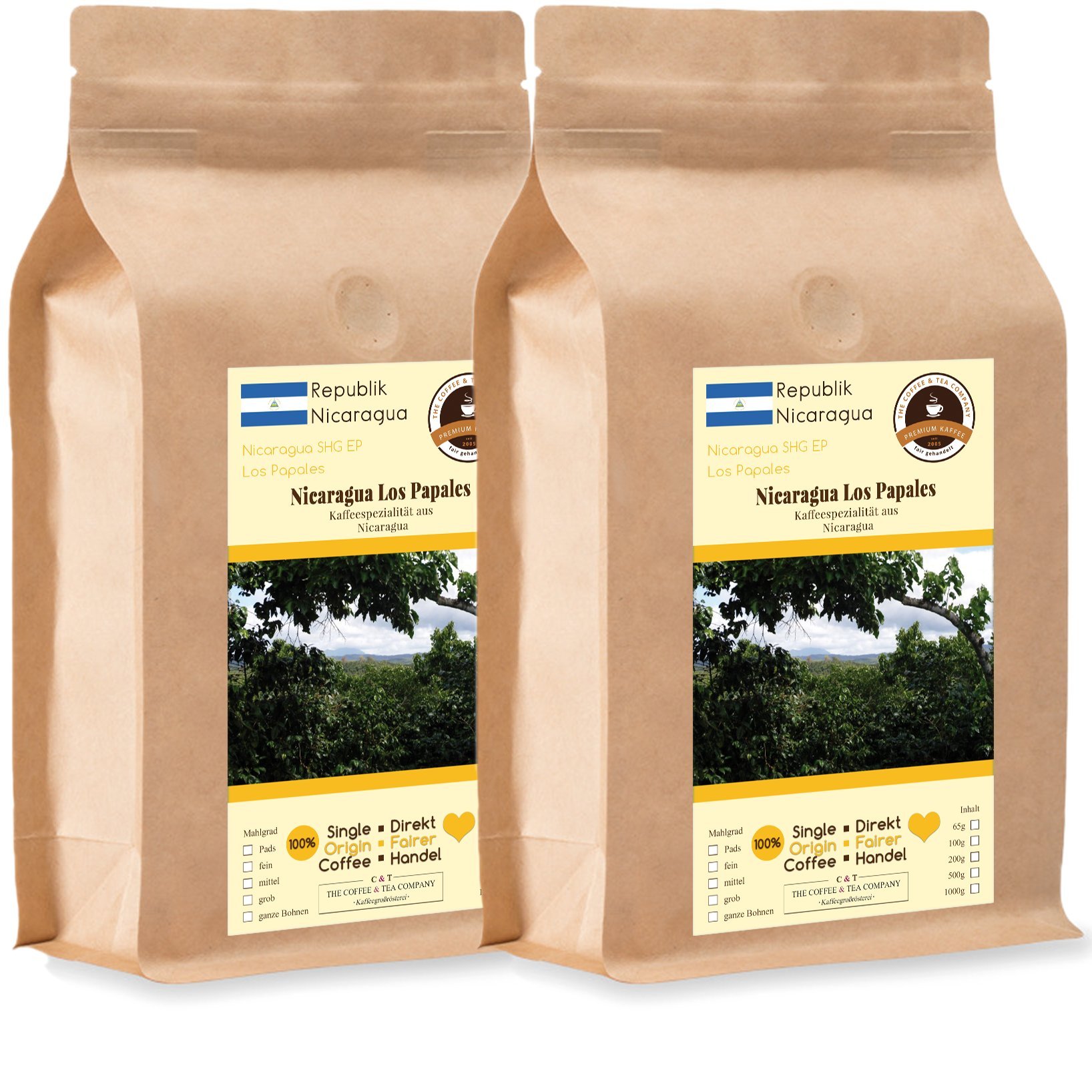 Kaffee Globetrotter - Kaffee Mit Herz - Nicaragua Los Papales - 2 x 1000 g Mittel Gemahlen - für Kaffee-Vollautomat, Kaffeemühle - Röstkaffee Fair Gehandelt | Nachfüllpack Sparpack
