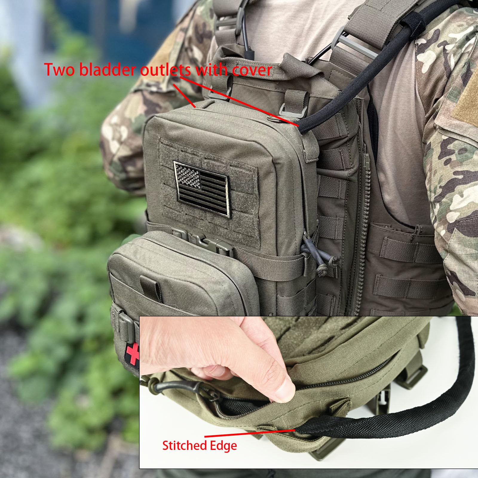 Taktischer Mini-Molle-Trinkrucksack, Molle-Trinkträger mit IFAK-Tasche & US-Flagge & Med Patch, Hydropack für 2 l Wasserblase