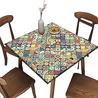 Vista 1 de Mantel elástico cuadrado para mesas de hasta 36 pulgadas, mantel ajustable impermeable con estampado bohemio, mantel de poliéster lavable