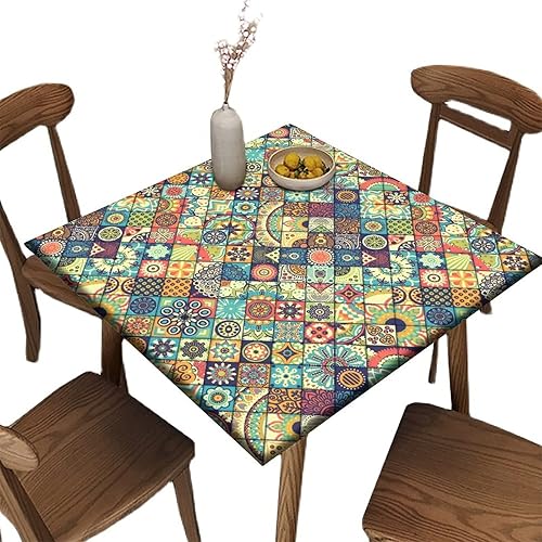 Miniatura 9 de Mantel elástico cuadrado para mesas de hasta 36 pulgadas, mantel ajustable impermeable con estampado de madera, mantel de poliéster lavable para