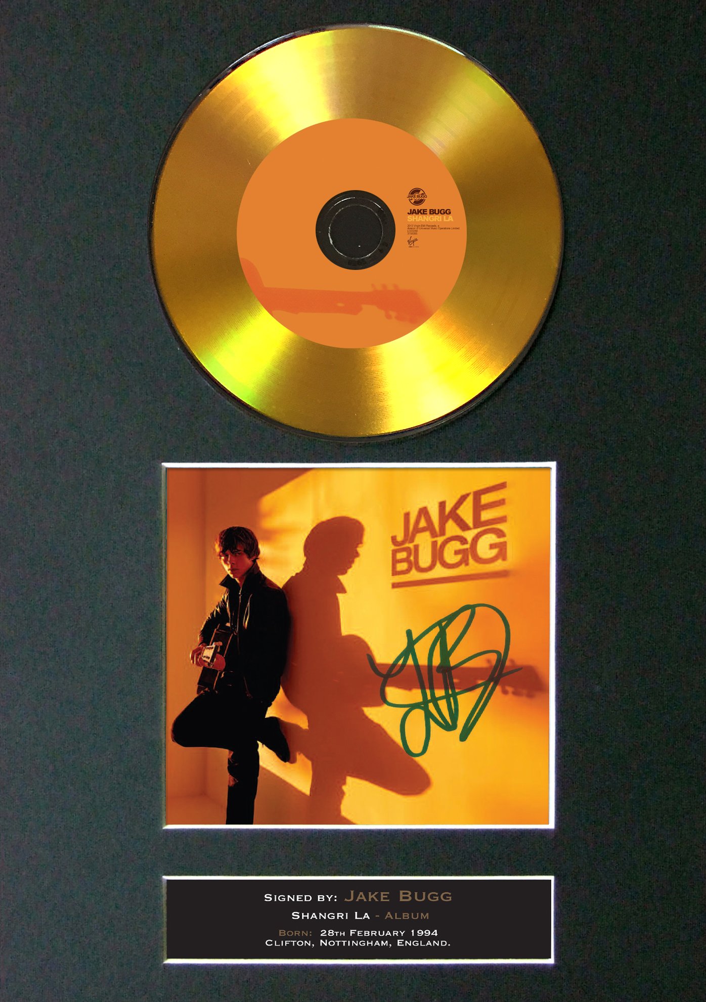 The Autograph Collector Gold,Black #90 Gold Disc Jake Bugg Shangri La Album Signed Autograph Mounted Photo Reproduction A4 Print (Mount & Print Only)