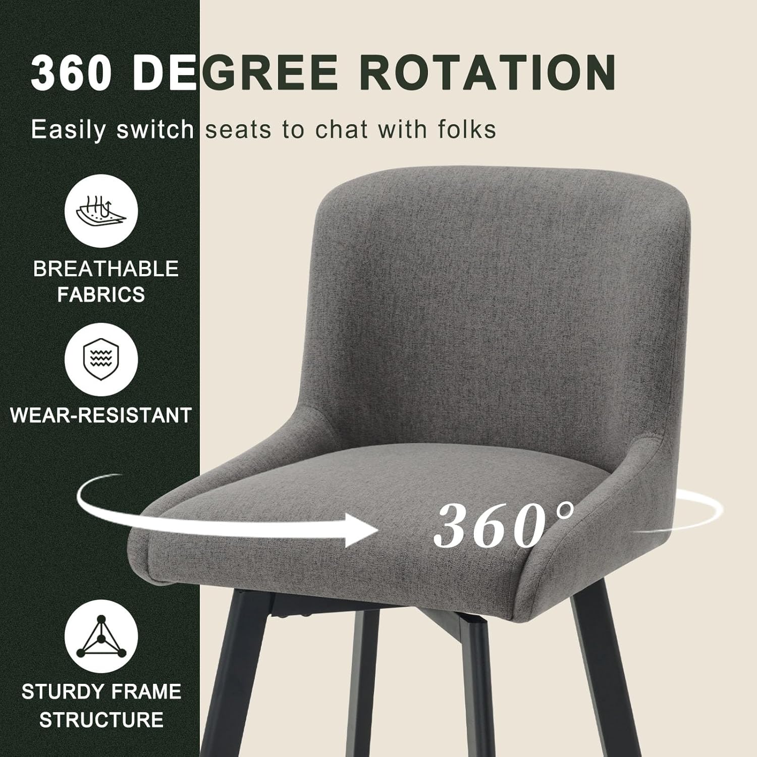 SAECKBERG Swivel Counter Height Bar Stools Set of 3, 26''H Upholstered Barstools with Backs, Modern Bar Stool Chairs for Kitchen Island, Metal Legs, Fabric, Gray Stools Counter Chair