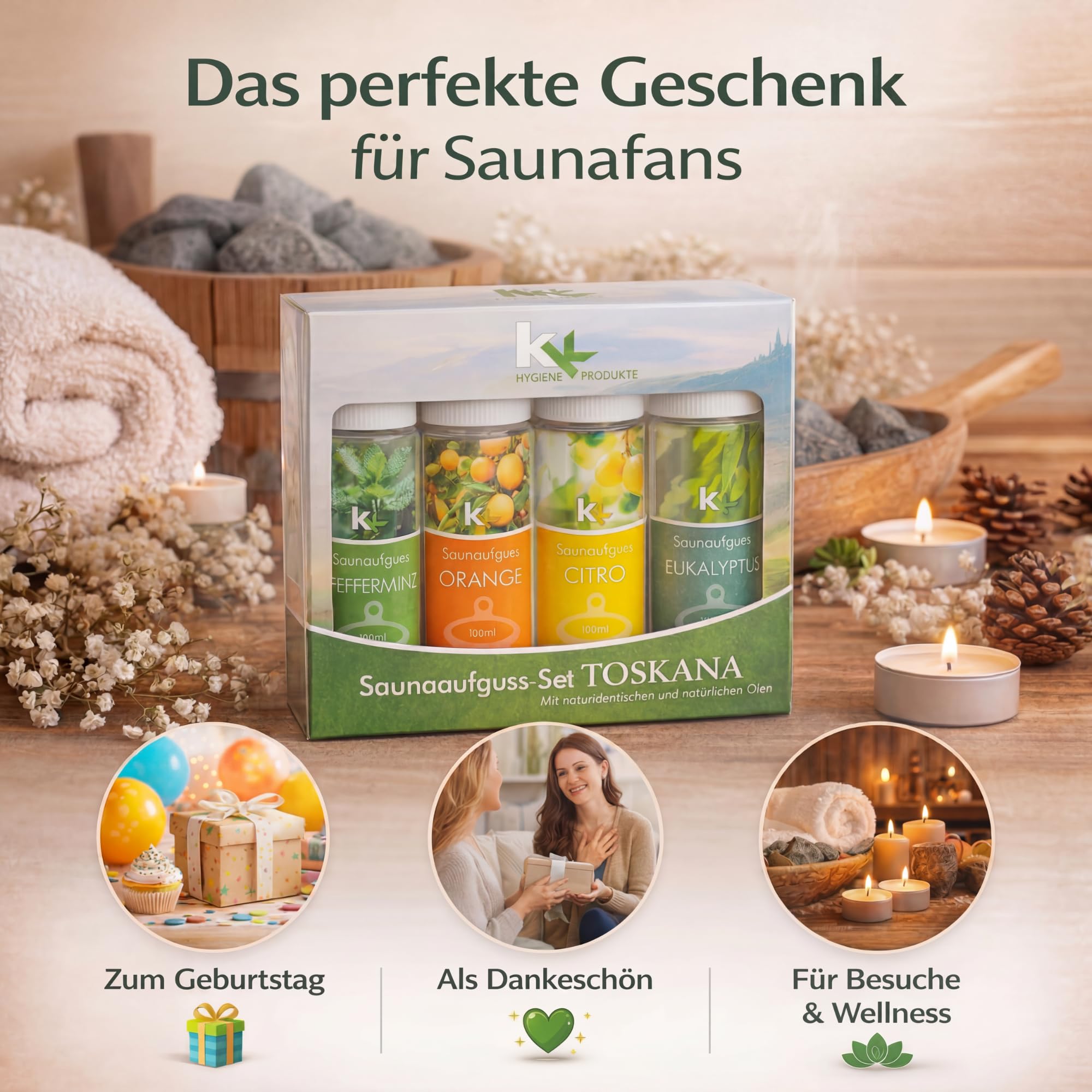 Saunaaufguss-Set 4er | Premium Saunaduft-Set mit Eukalyptus, Orange, Zitrone & Pfefferminz | Hochwertige Sauna Aufgussmittel 4×100 ml | Made in Germany | Intensives Aroma & Geschenkidee