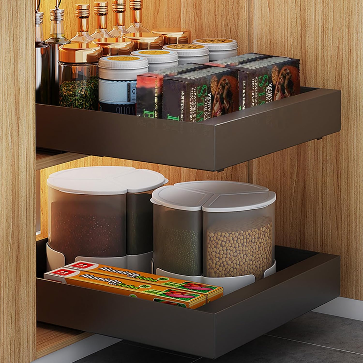 Medach Pull Out Cabinet Organizer,16.9" Lx11.8 Wx3.1 H (1 Pcs) Pull Out Drawers for Kitchen Cabinets Fixed with Adhesive,Heavy Duty Storage Sliding Drawers,Cabinet Shelves for Shelf Organizers Black-12“ Wide