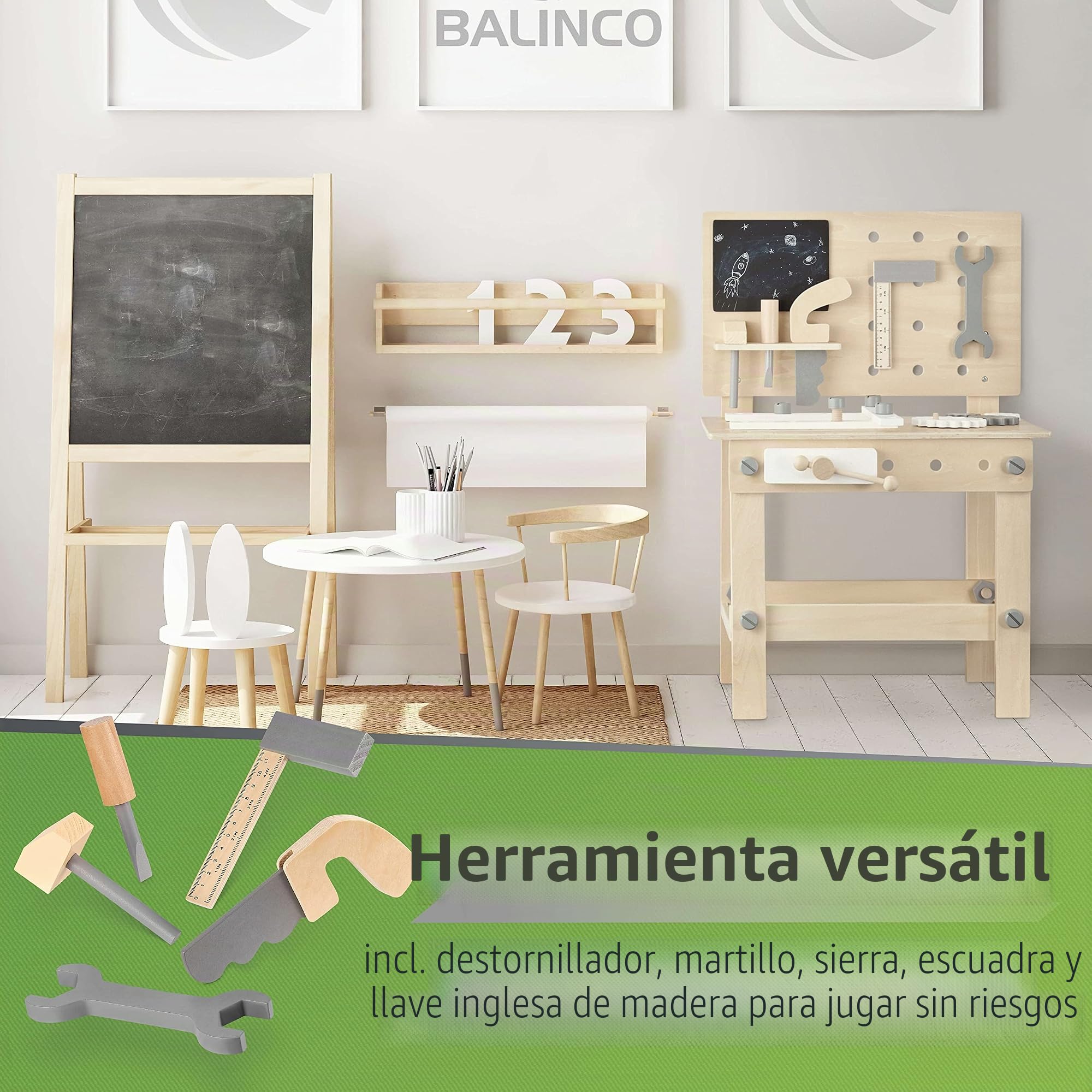 Balinco Workbench Children Wood, Taller con Herramientas Infantiles, Sierra, escuadra, Destornillador, Ruedas dentadas, Tornillo de Banco, Tablero, Accesorios, Juguetes de Madera a Partir de 3 años