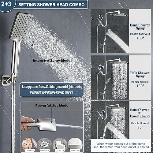 Miniatura 2 de Cabezal de ducha de lluvia de 10 pulgadas con combo de mano de alta presión, brazo de extensión mejorado de 12 pulgadas de altura ajustable, potente