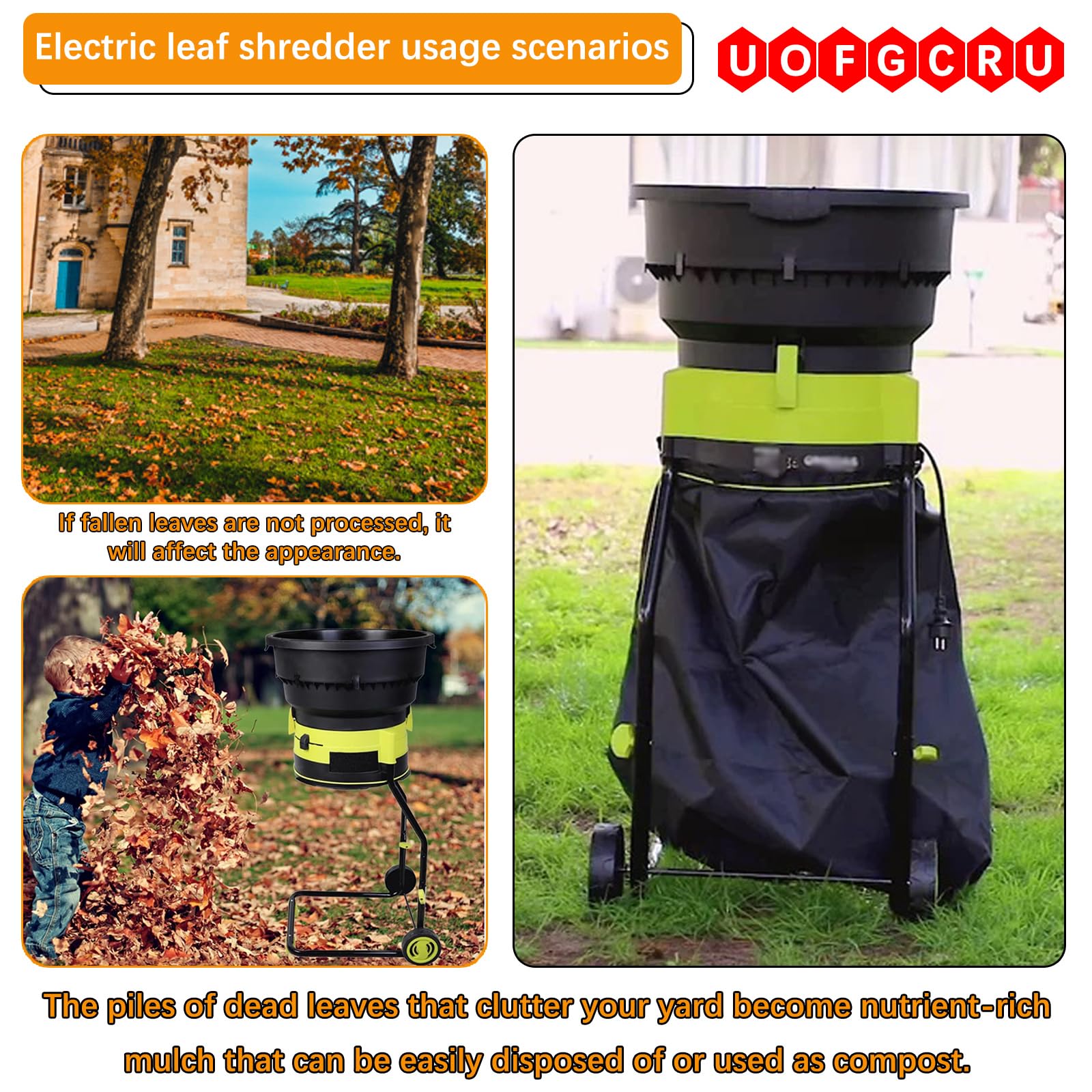 Trituradora De Compost Eléctrica De 2500 W, Trituradora De Hojas De Jardín Sin Aspas, con Ruedas Y Bolsas De Almacenamiento, Herramientas De Limpieza para Jardín(Sin cable de alimentación)