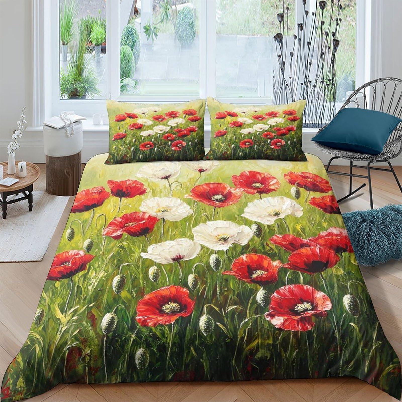 Ctjqhvkz Style-7 3D Printed Red Poppy Field Fitted Sheet Microfiber Soft Breathable White Poppy Bed Cover For Bedroom Dorm Mattress Protection Decor Single（135X200cm）