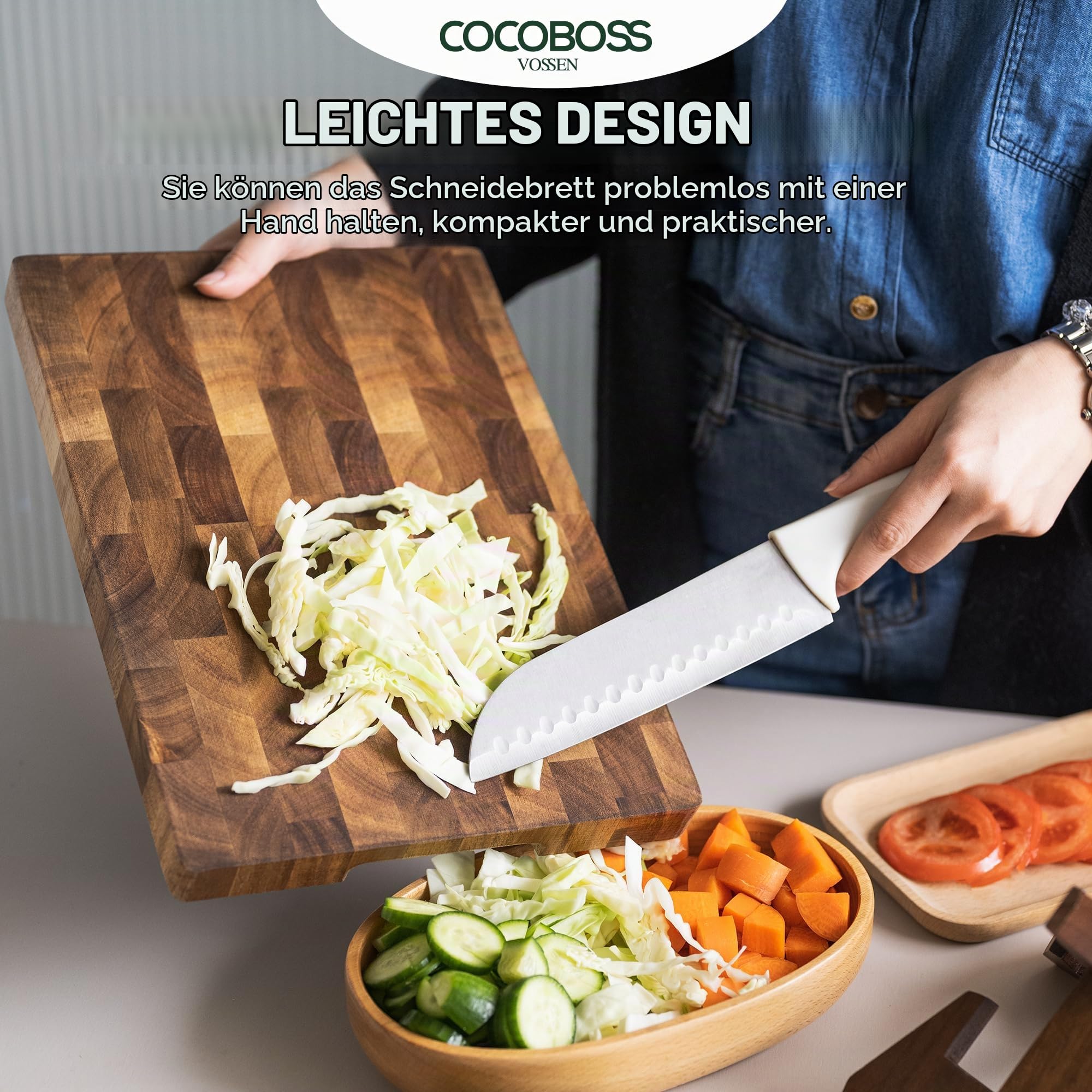 COCOBOSS Schneidebrett Holz, Holzschneidebrett,Küchenbrett,aus Akazienholz PREMIUM für Küche,Küchenholzbrett, Rutschfeste Füße (XL)