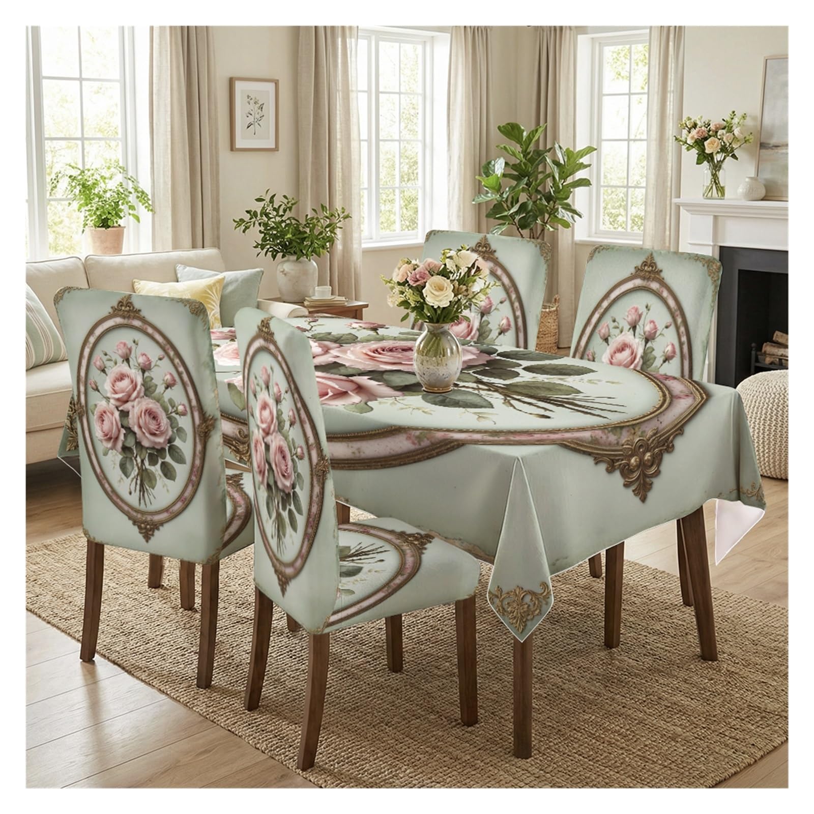 BOSUYBN Light Green Vintage Oval Frame Pink Rose Printed Dining Tablecloth & Chair Covers Set, 5/7 Piece Baroque Victorian Elegant Home Decor Table Setting(5pcs Set: Tablecloth+Chair Covers)