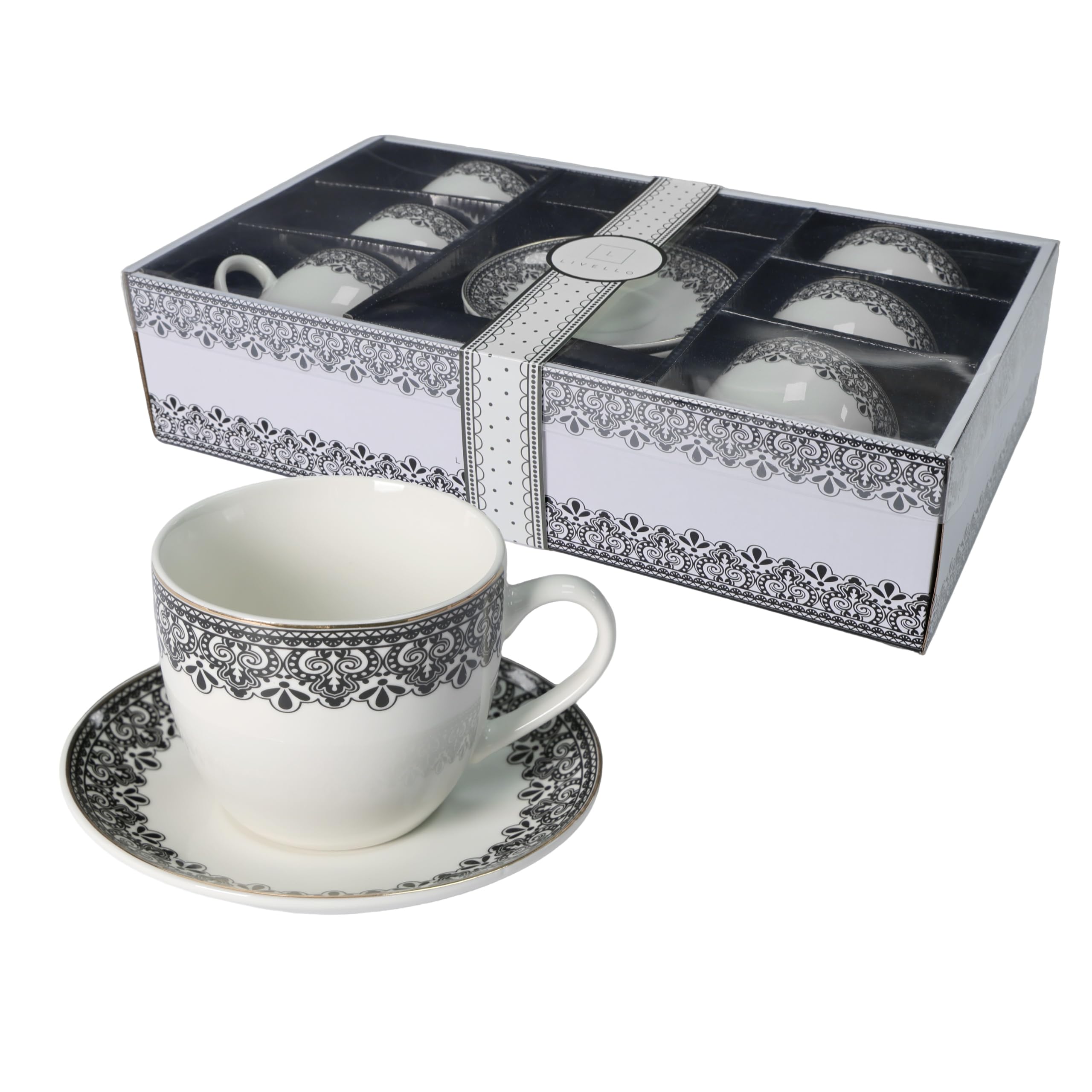 LIVELLO Kaffeetassen-Set 12-teilig, 6 Tassen à 250 ml, Zierstreifen | 6 Porzellantassen mit 6 Untertassen Ø 14 cm, goldener Zierstreifen, spülmaschinengeeignet – für Kaffee und Tee