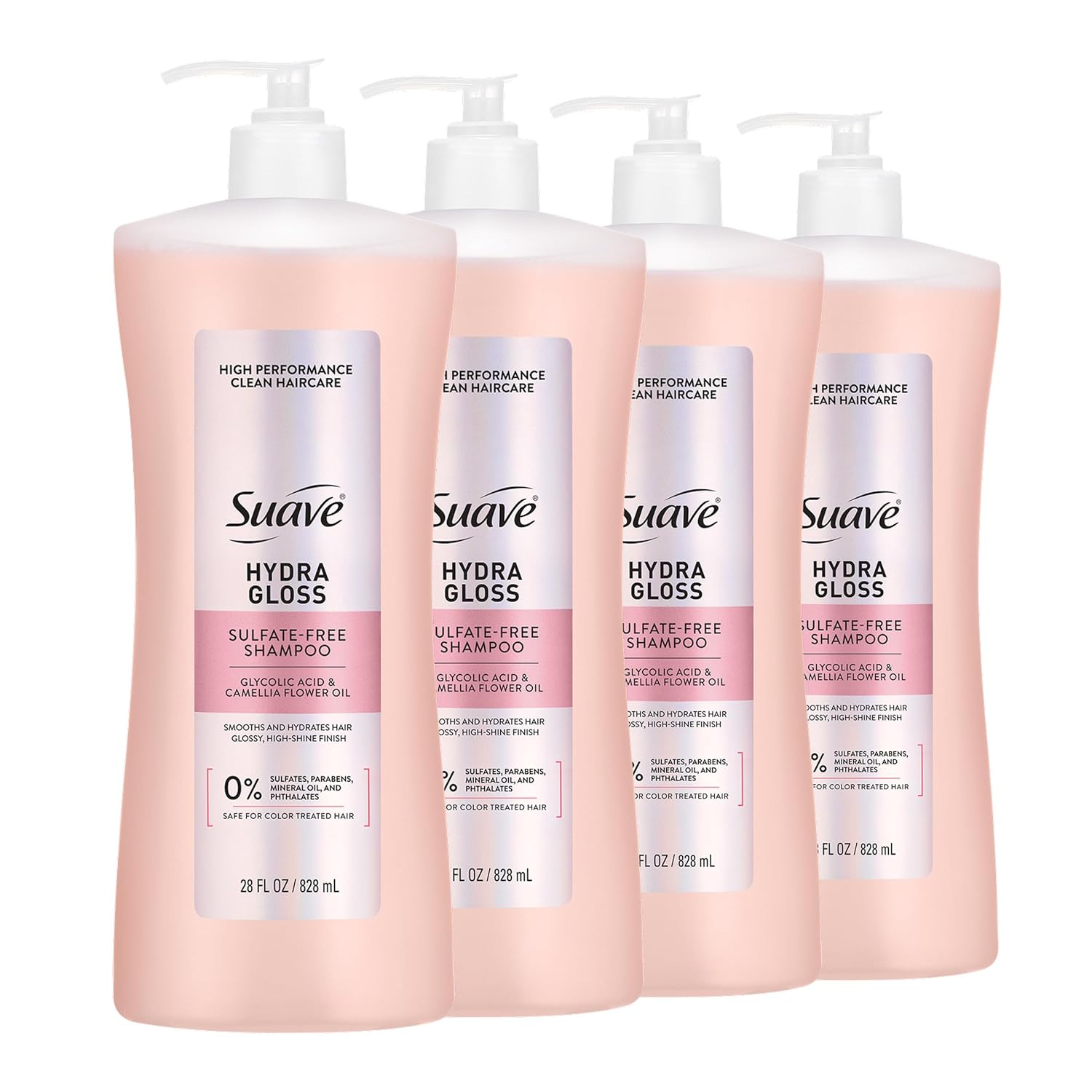 Suave Hydra Gloss Sulfate Free Shampoo with Glycolic Acid & Camellia Flower Oil for Hydrated, Smooth, Glossy Shine, 4 Count, 28 FL OZ