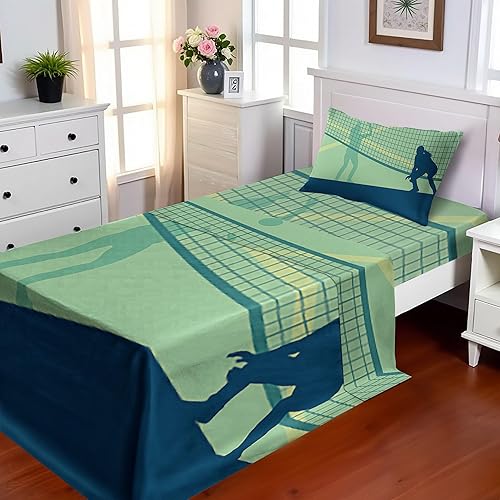 Ambesonne Juego de sábanas de voleibol, paisaje de 2 mujeres que compiten en un campo deportivo saludable, sábana bajera y encimera con funda de