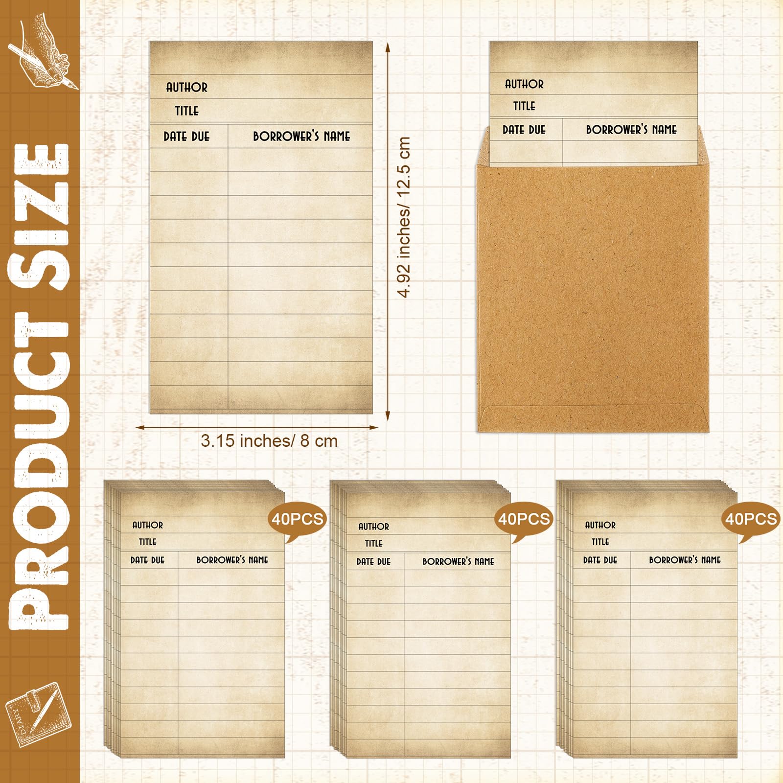 Roowest Set di 120 buste per libri e libri per pagamenti, catalogo pagamenti e buste autoadesive per biblioteca, buste per scuola (retrò)