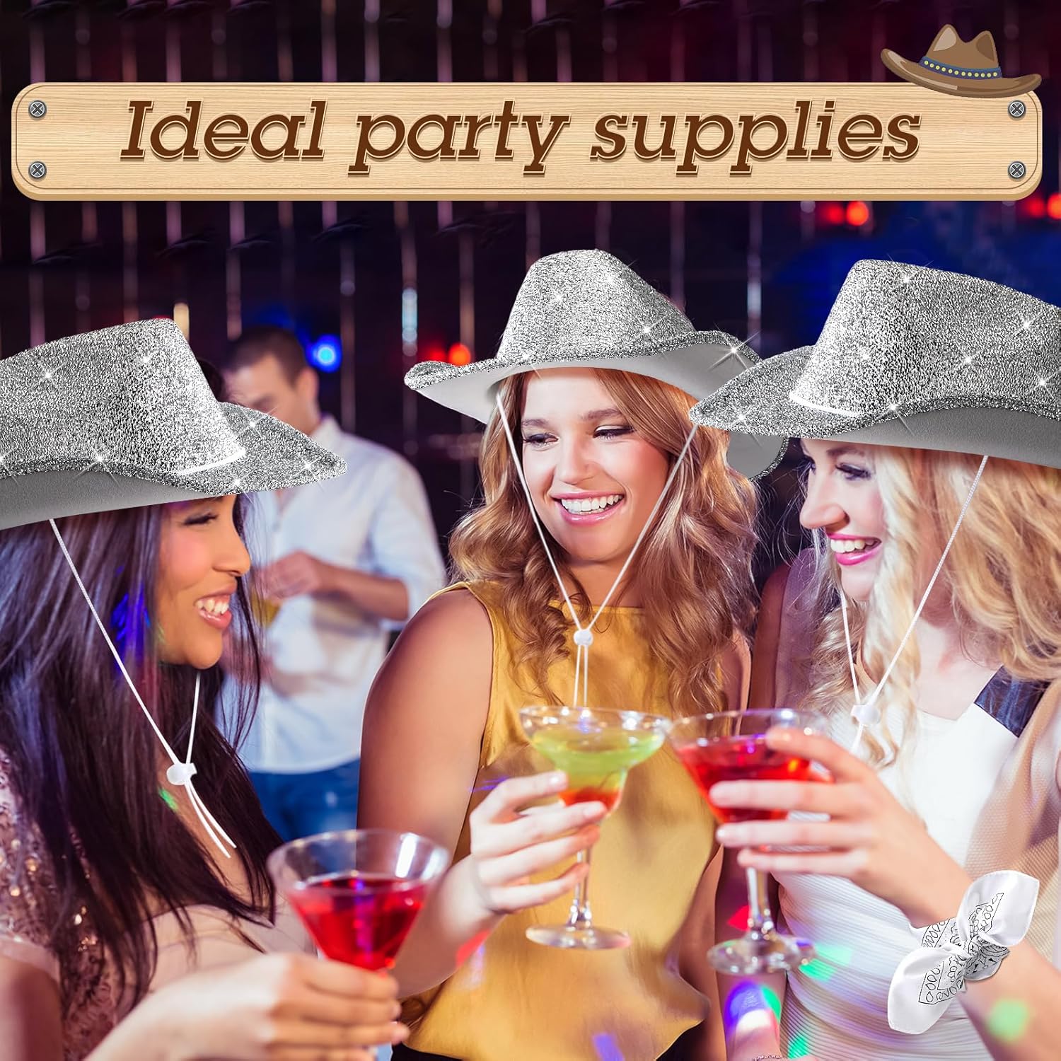 Coume 12 Pcs Sparkly Adults Cowboy Hat and Bandanas Women Men Western Glitter Cowgirl Party Hats with Adjustable Drawstring - Image 5