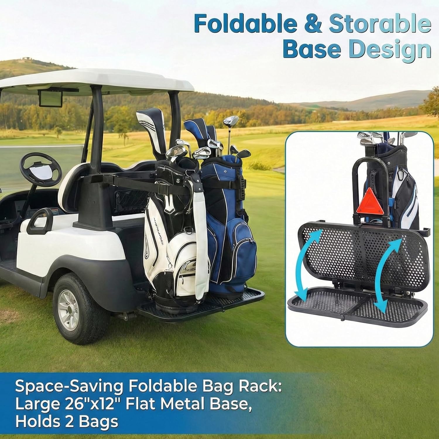 Upgraded Foldable Golf Cart Rear Seat Bag Holder, Compatible with 8-Inch Rear Safety Bars, The Golf Cart Bag Holder Bracket Fits EZGO/Club Car/Yamaha Models — Space-Saving & No-Drilling Installation.