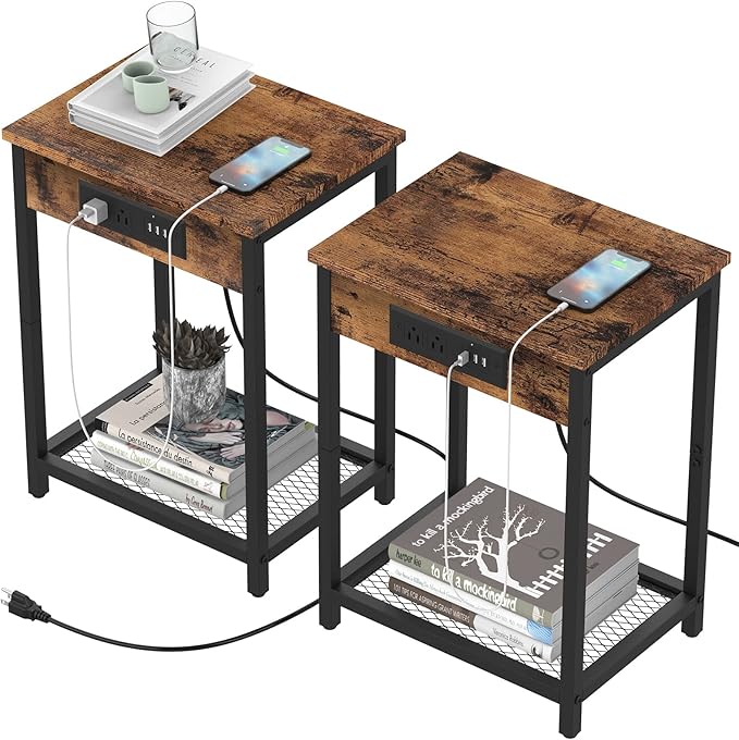 CADUKE Nightstand Set of 2, Bedside Table with Charging