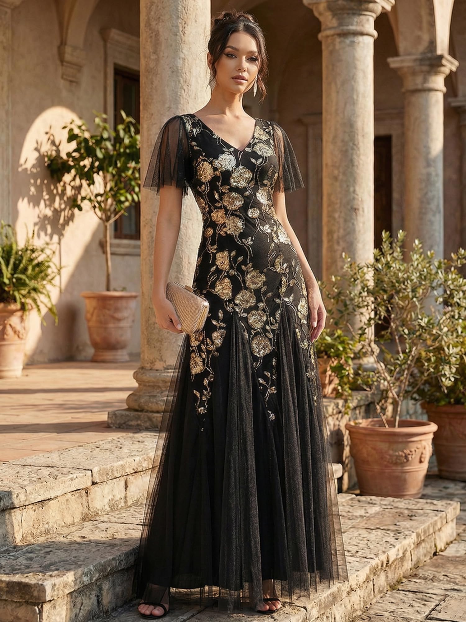 Ever-Pretty Ballkleider Damen Lang Pailletten Abendkleid Elegant für Hochzeit Silvester EE02665