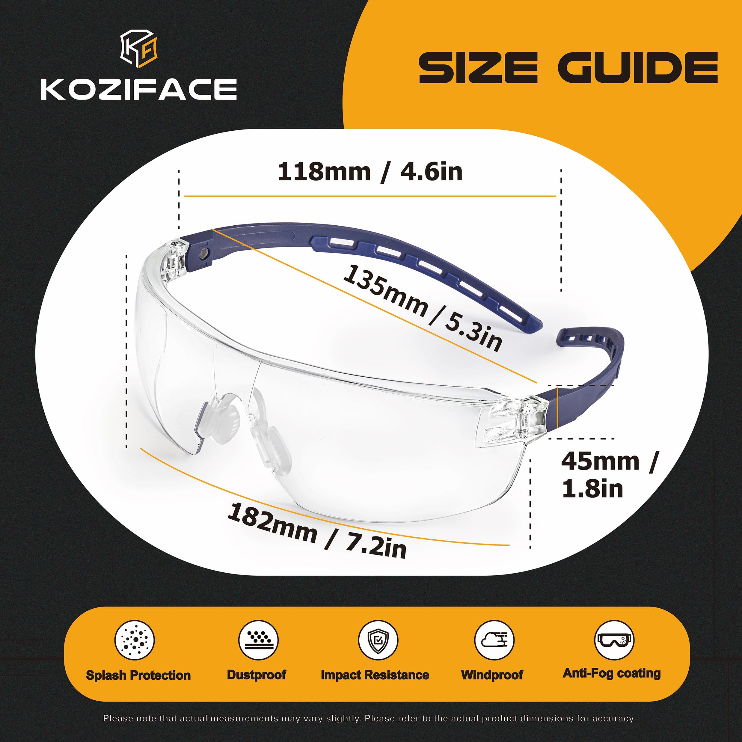 Koziface - Gafas de seguridad A18X para hombres y mujeres, ligeras, con marco azul antivaho, flexibles, ajustables, elegantes, protectoras, certificadas, para el trabajo, interior/exterior, lente
