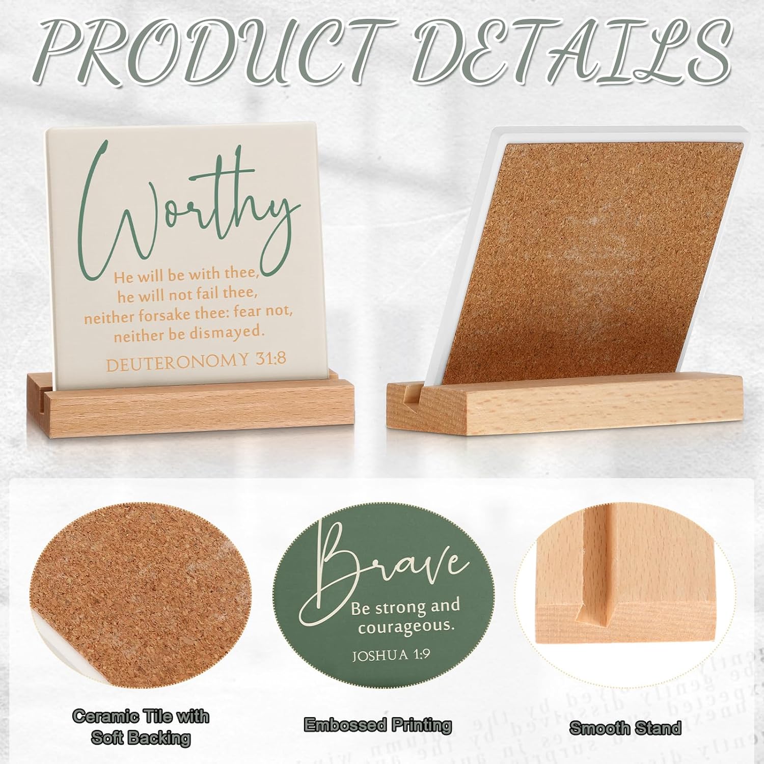 12 Pcs Christian Mother's Day Desk Decor Bible Verse Plaque Religious Ceramic Table Sign with Wooden Stand Inspirational Faith Scripture Gift for Women Office Church Baptism (Warm Color)
