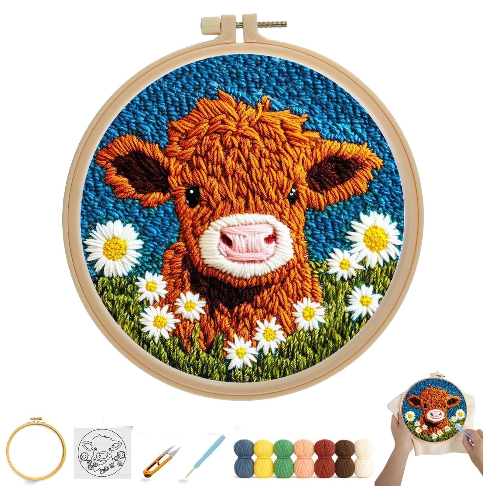 Znfdos Black Diy Punch Needle Kit For Beginners, Cute Cartoon Highland Cow With Flower Pattern Punch Stitching Kit For Kids Adults, Perfect For Festival Decorations, With Hoop Punch Needle Instructions 20X20cm